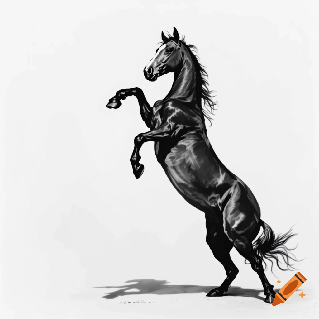 Black and white drawing of a rearing horse