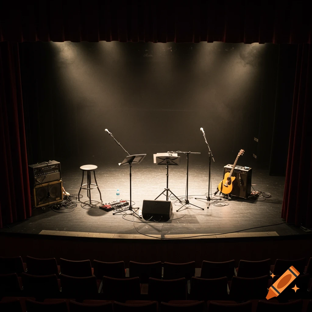 An empty theater stage is set up with microphones, guitar, amplifier, and stools.