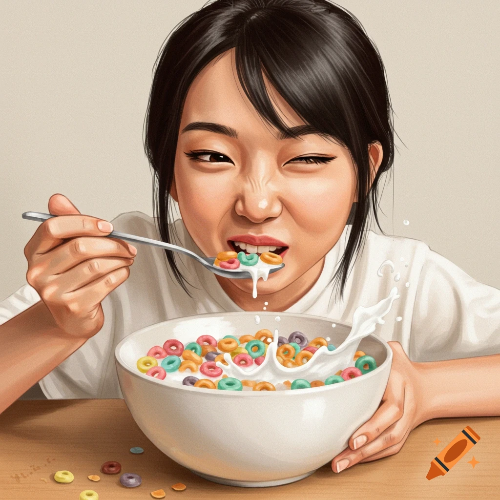 A person eating colorful cereal with milk from a bowl, making an intense face.