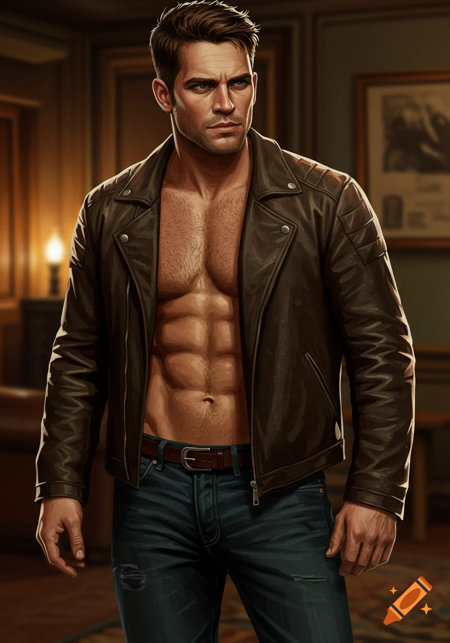 A portrait of a man wearing an open brown leather jacket, revealing his muscular abdomen.