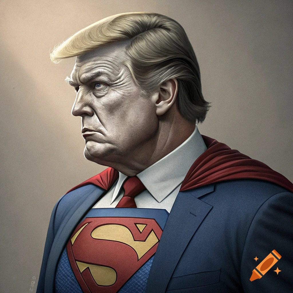 Stylized portrait of a stern man resembling Donald Trump wearing a suit and Superman costume.