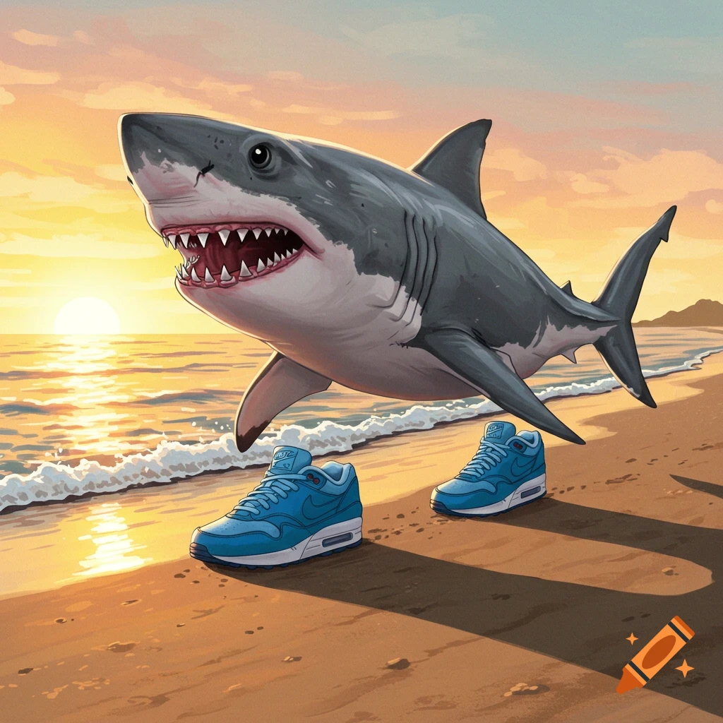 A shark wearing blue sneakers is walking on a beach at sunset.