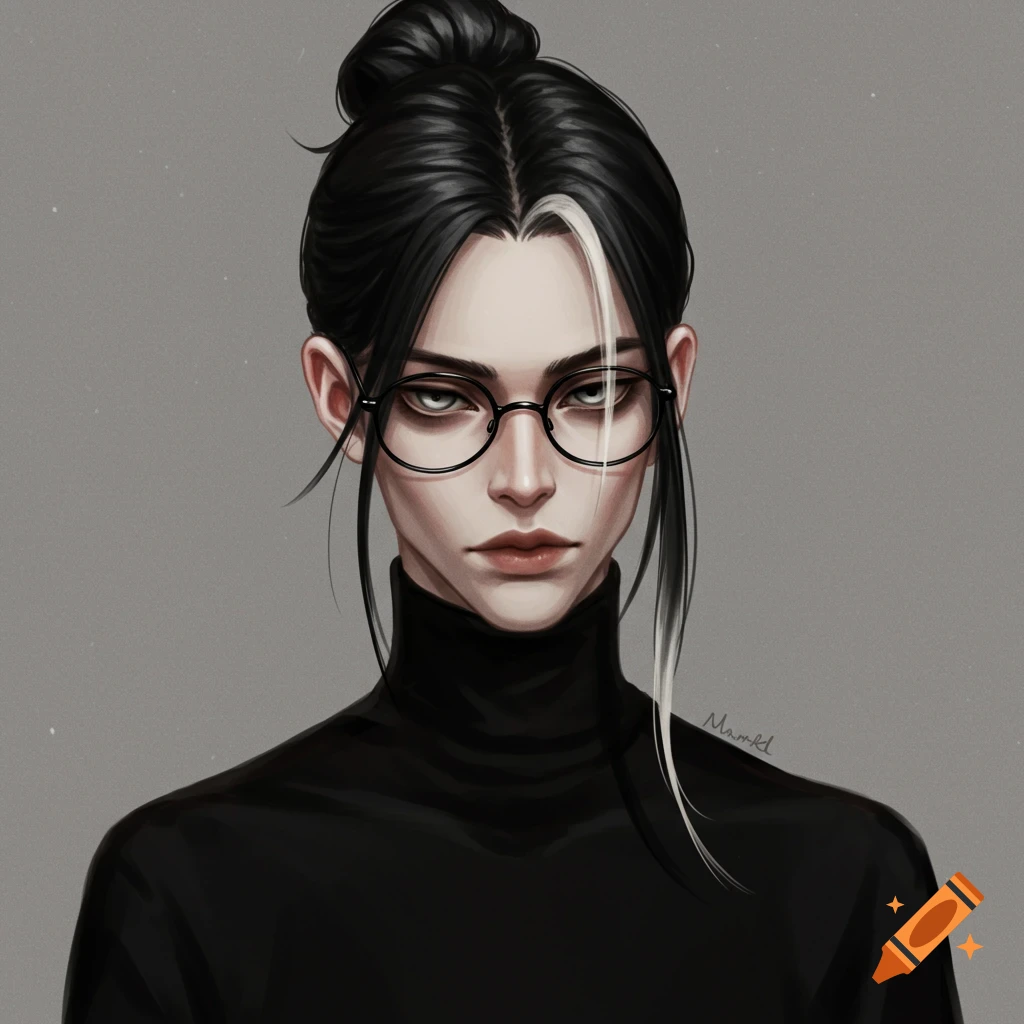 A woman with black hair in a bun, pale skin, glasses, and a black turtleneck.