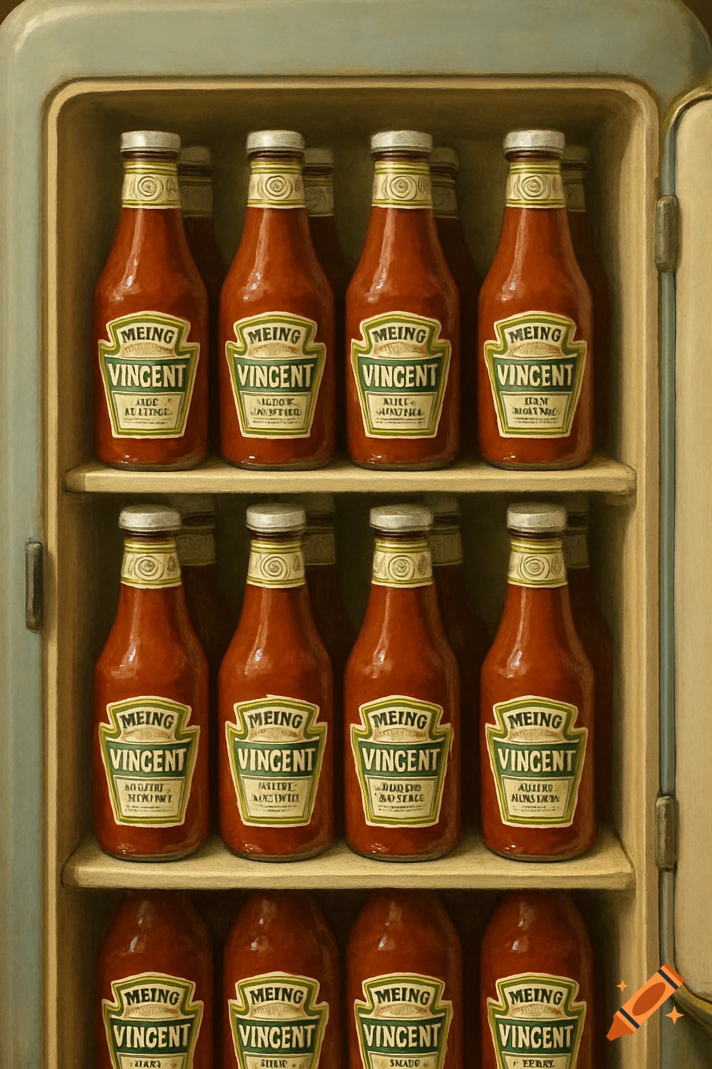 Many bottles of ketchup on shelves inside a fridge.