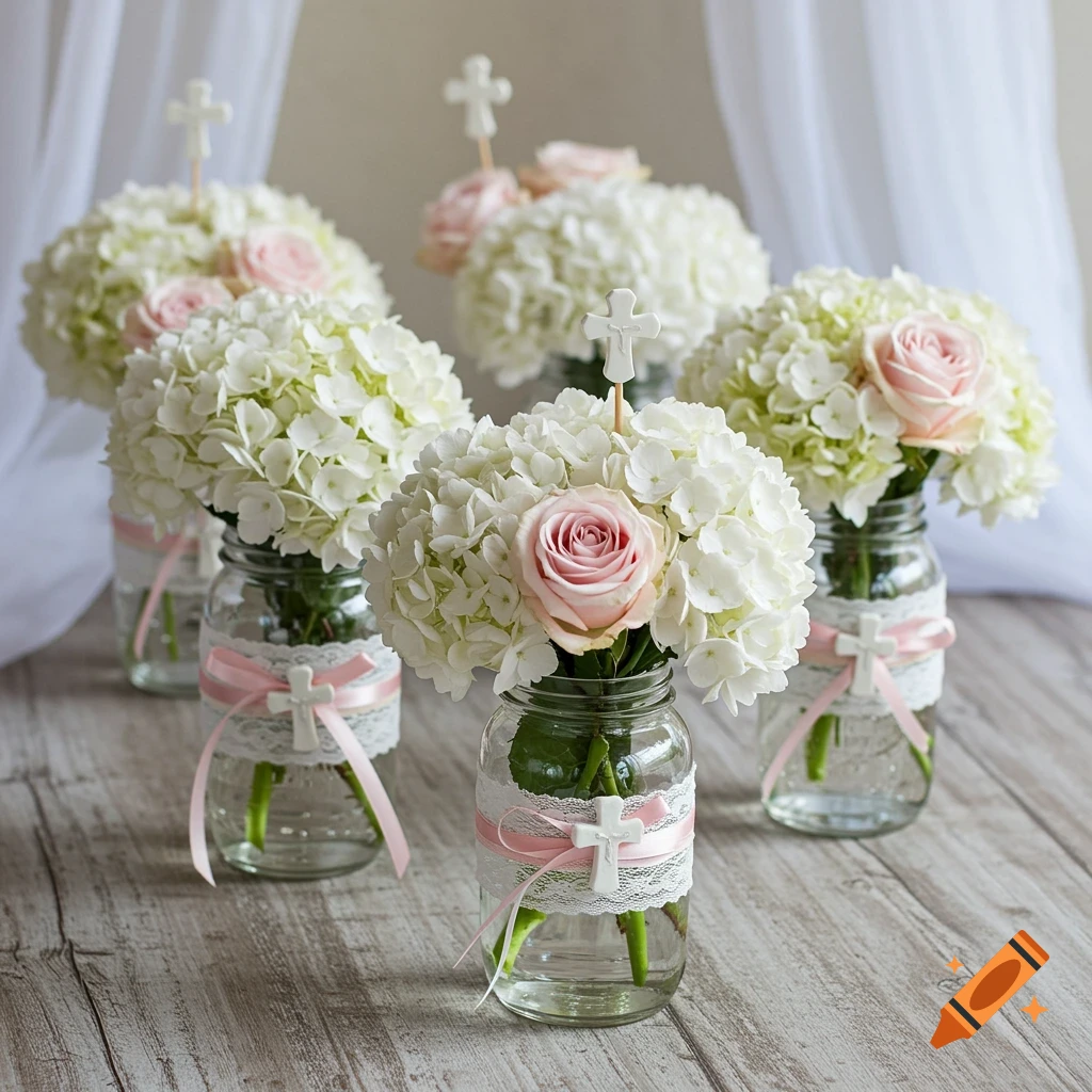 Multiple mason jar centerpieces with white hydrangeas, pink roses, lace, pink ribbons, and small white crosses on a wooden table.