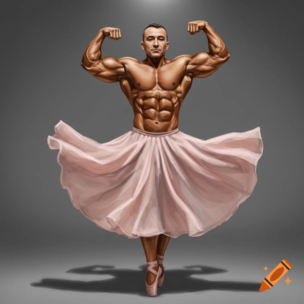 A bodybuilder in a pink ballet skirt and pointe shoes posing on pointe.
