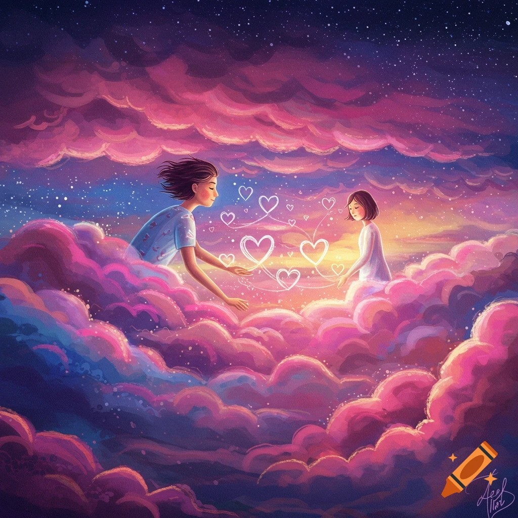 Illustration of two figures reaching towards each other among pink and purple clouds with glowing hearts