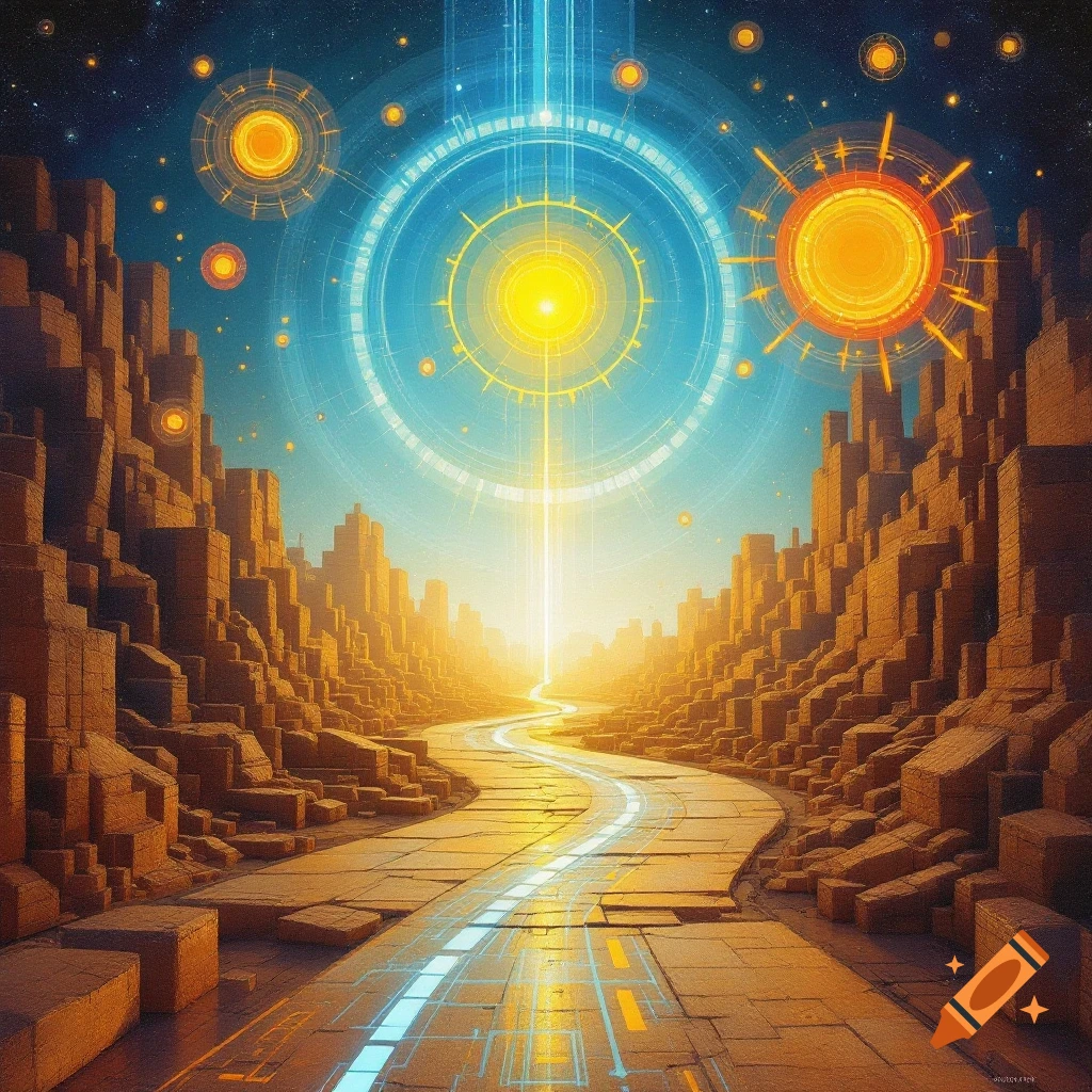 A futuristic canyon city with a glowing path and celestial diagrams in the sky.