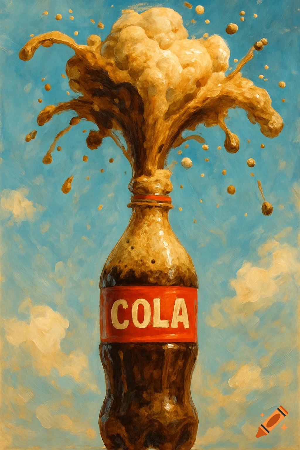 A cola bottle with an explosive fizzy eruption, in a textured style against a blue sky.