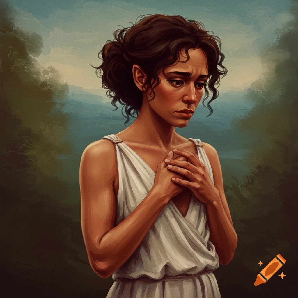 A sad woman in a white dress with her hands clasped.