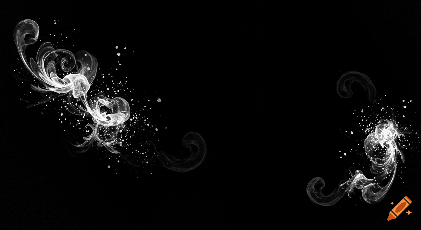 White abstract swirls and particles on a black background.