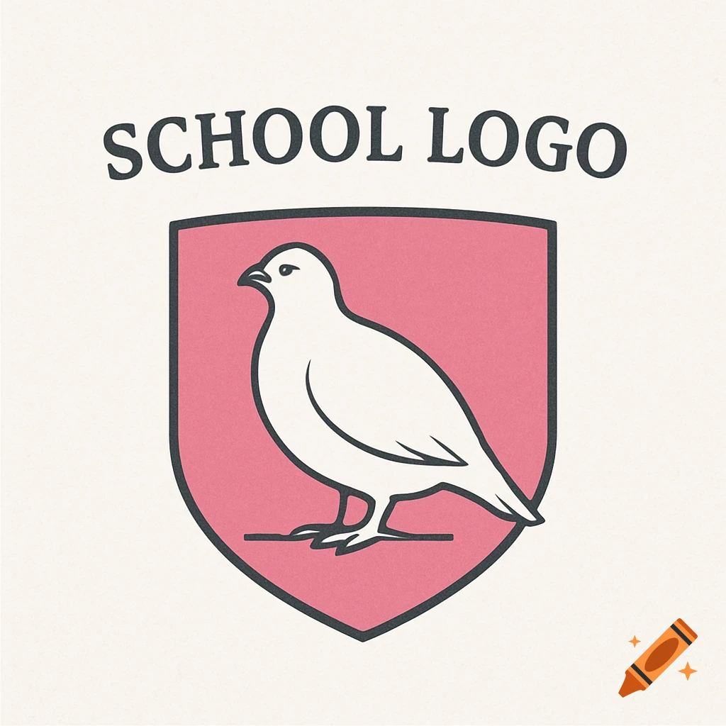 A school logo featuring a white bird inside a pink shield, with the text "SCHOOL LOGO" above.