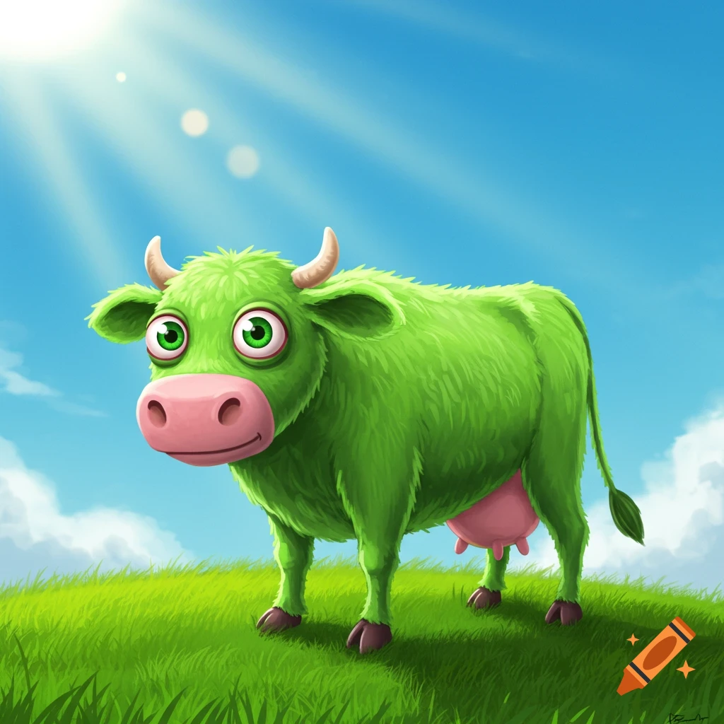 A cartoonish green cow with large eyes stands on a grassy hill under a bright sun and blue sky.