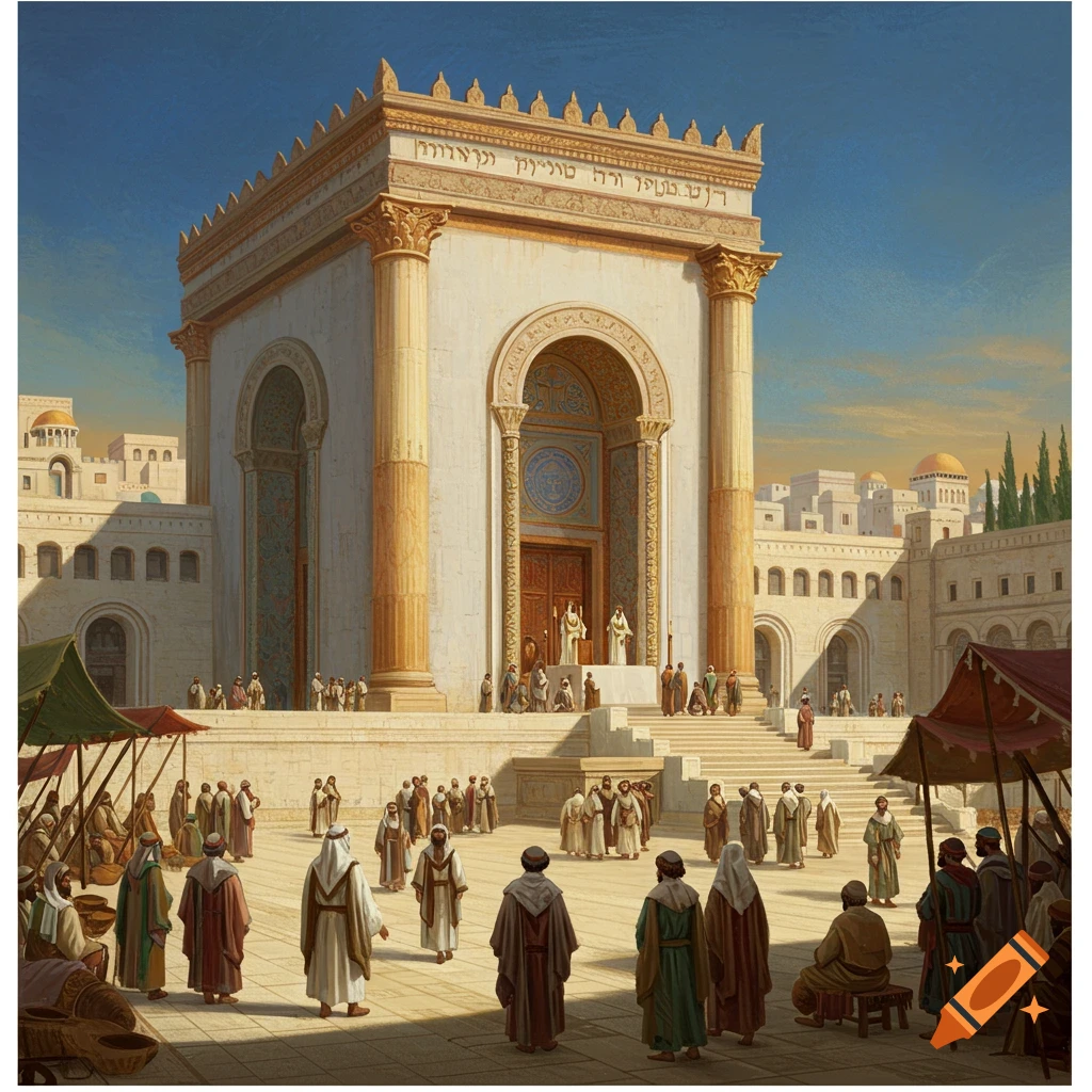 A large ancient temple with columns and steps, surrounded by people in a plaza.