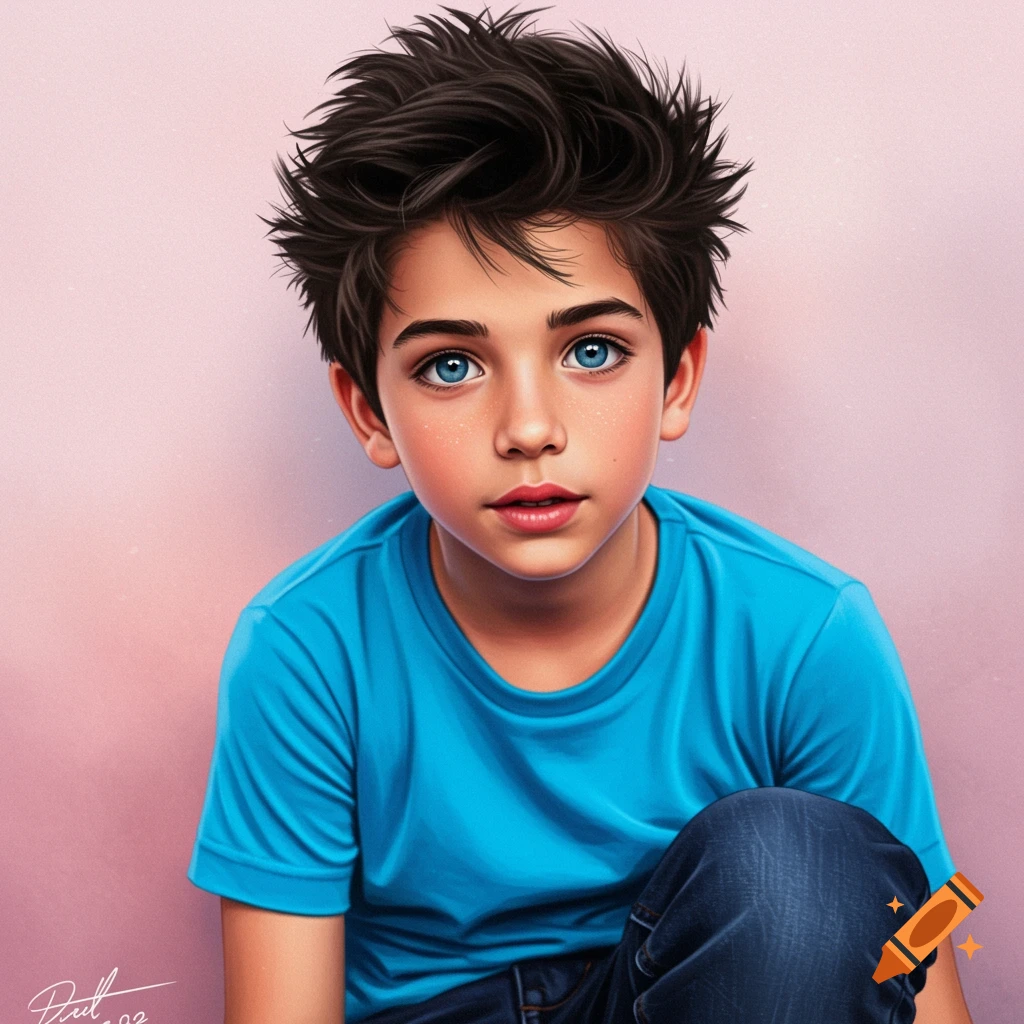 Portrait of a young boy with bright blue eyes and dark hair, wearing a blue shirt, against a pink background.