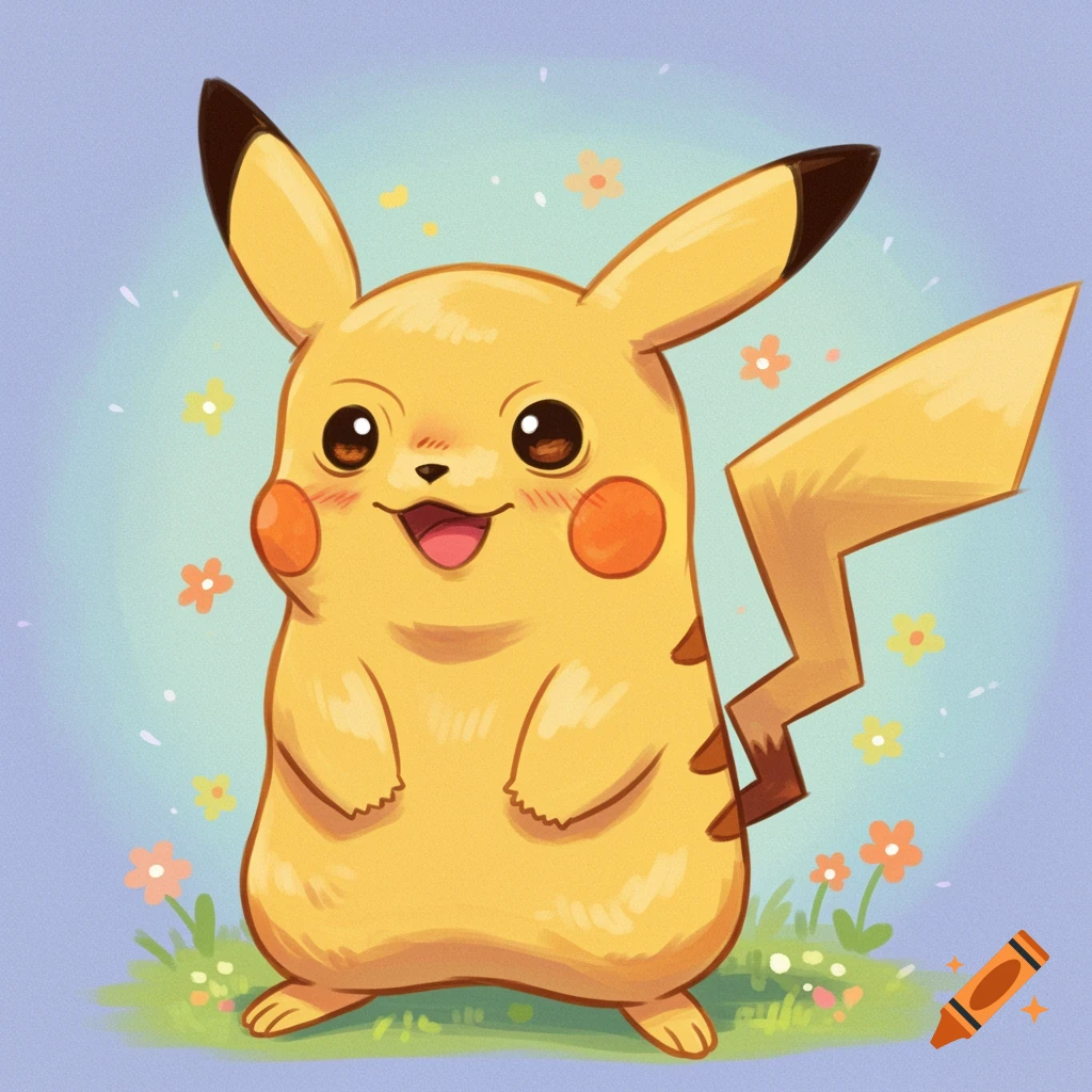 A cheerful, stylized image of Pikachu standing in grass with flowers around.