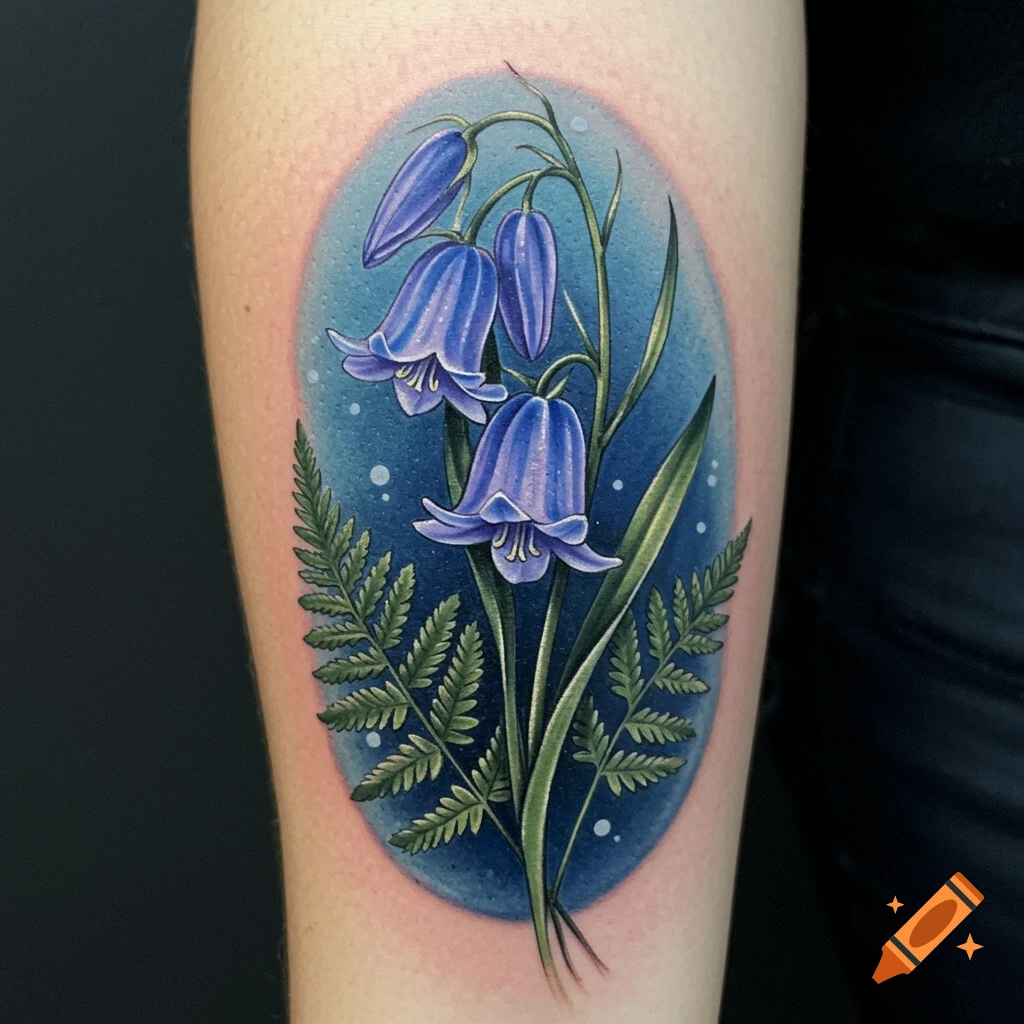 Tattoo of bluebell flowers and ferns on skin