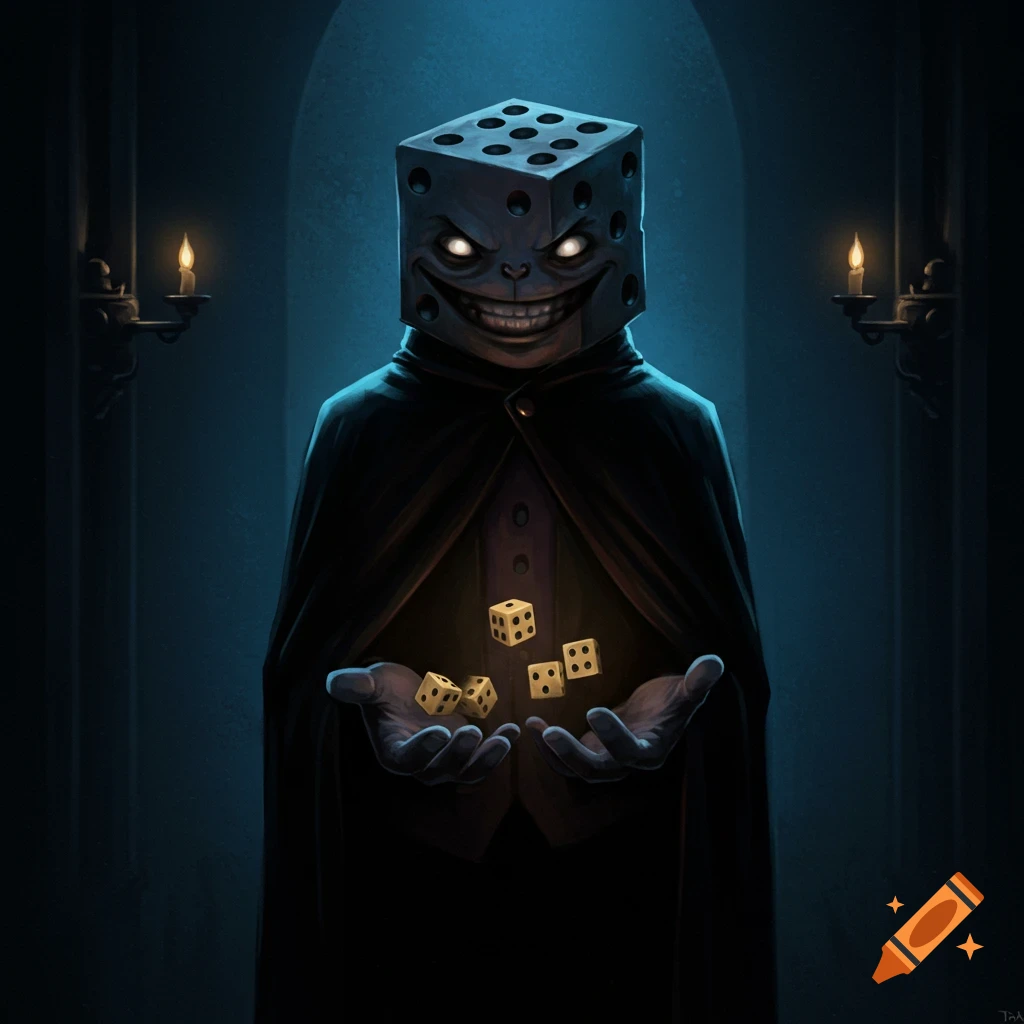 A creepy figure with a dice head and dark cloak holding floating dice in a spooky room lit by candles.