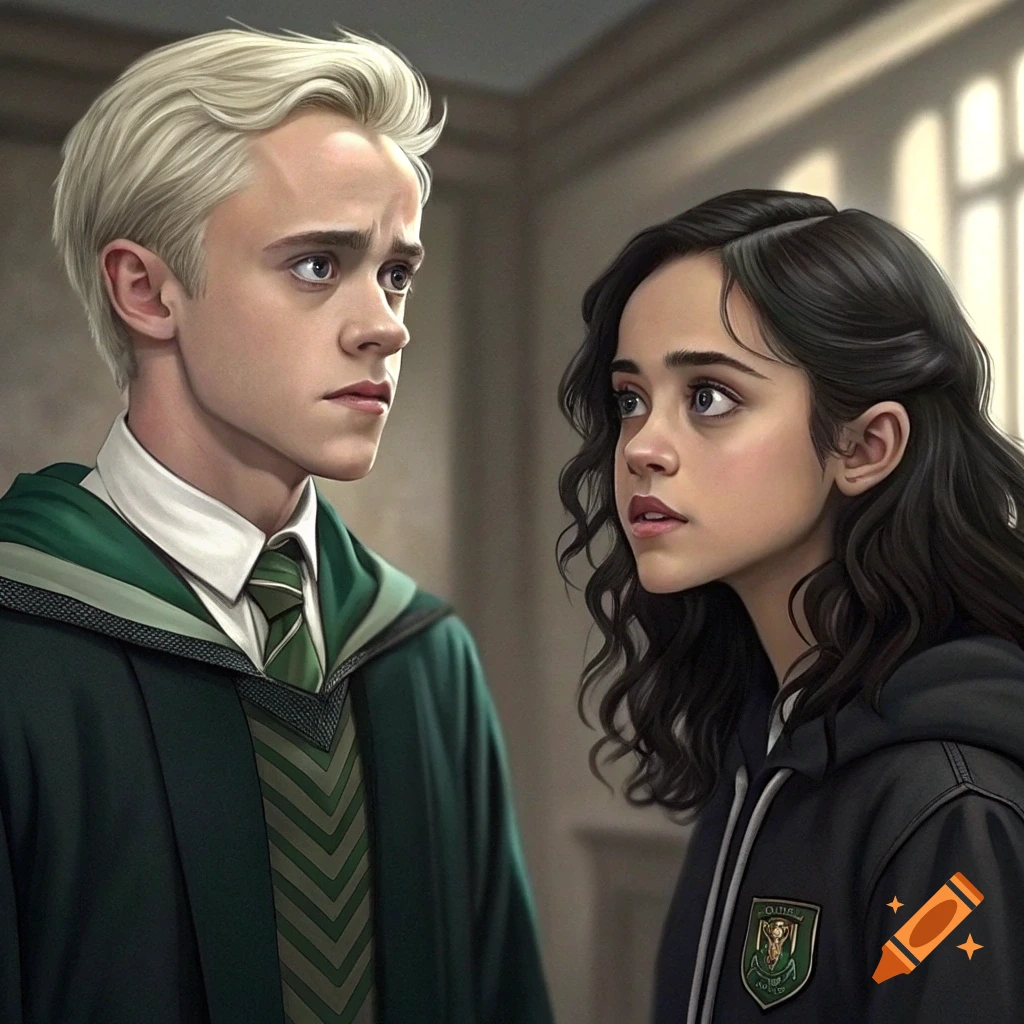 Illustrative portrait of a blonde male in green uniform and a dark-haired female in black hoodie looking at each other.