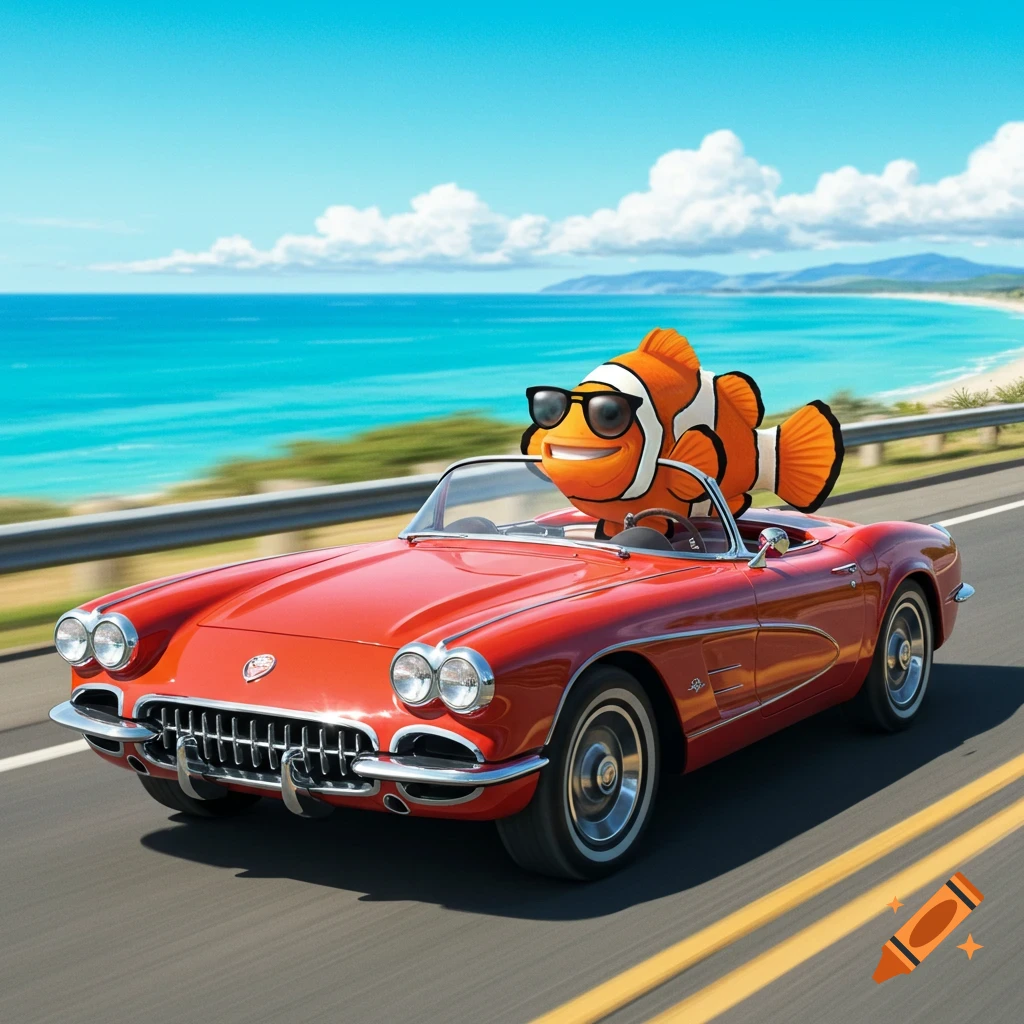 Cartoon clownfish in sunglasses driving a red convertible on a coastal road.