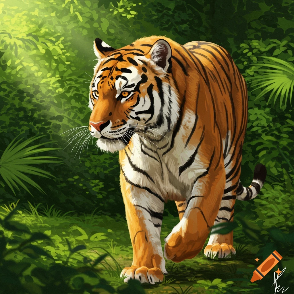 A tiger walks through a lush green jungle.