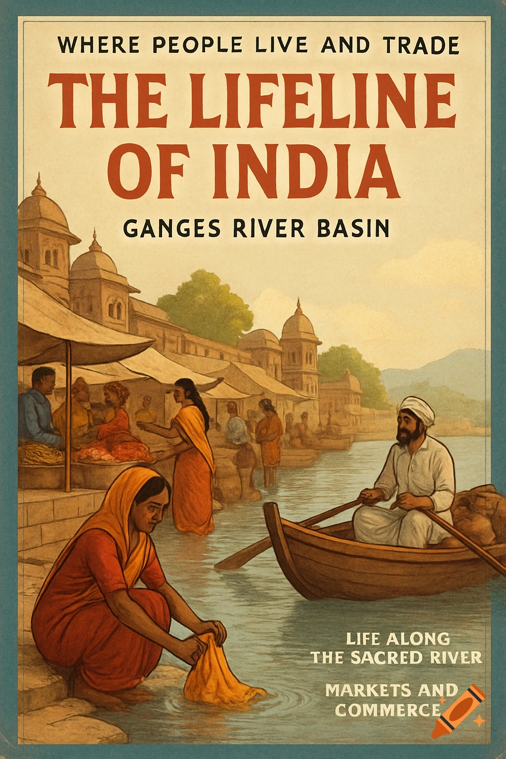 Vintage-style poster shows people on and by the Ganges River with markets and buildings on the bank. Text reads THE LIFELINE OF INDIA, GANGES RIVER BASIN, etc.