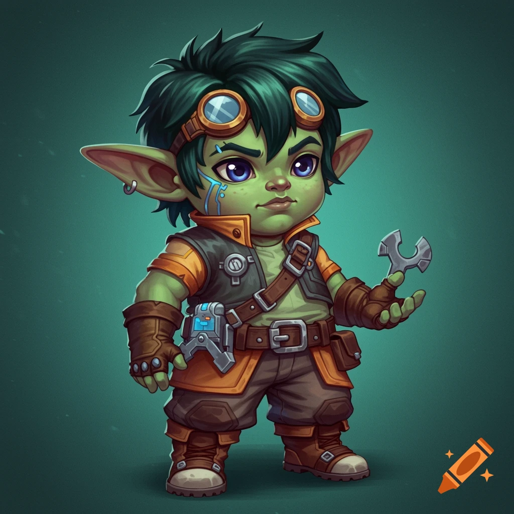 A cute chibi goblin mechanic boy with goggles holding a wrench.