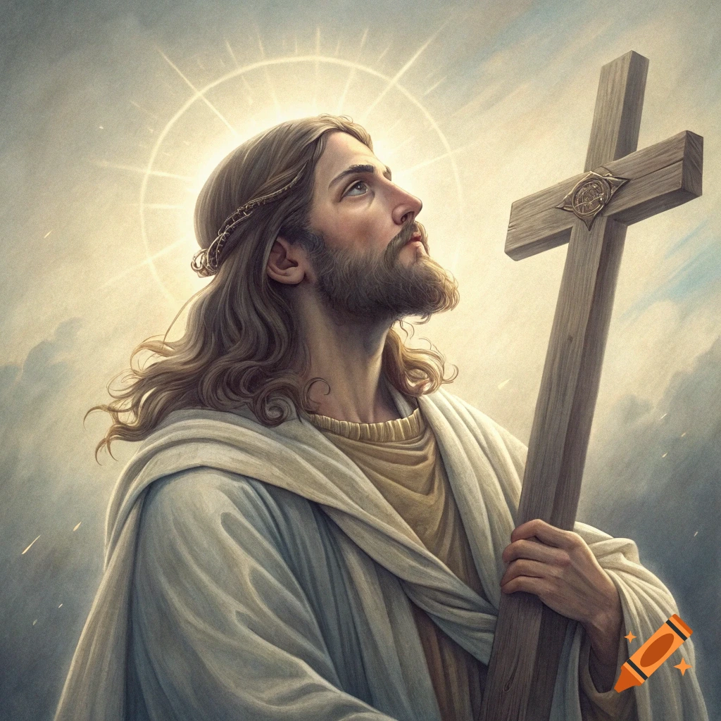 Jesus Christ looking up while holding a cross, with a glowing halo, in a painted style.