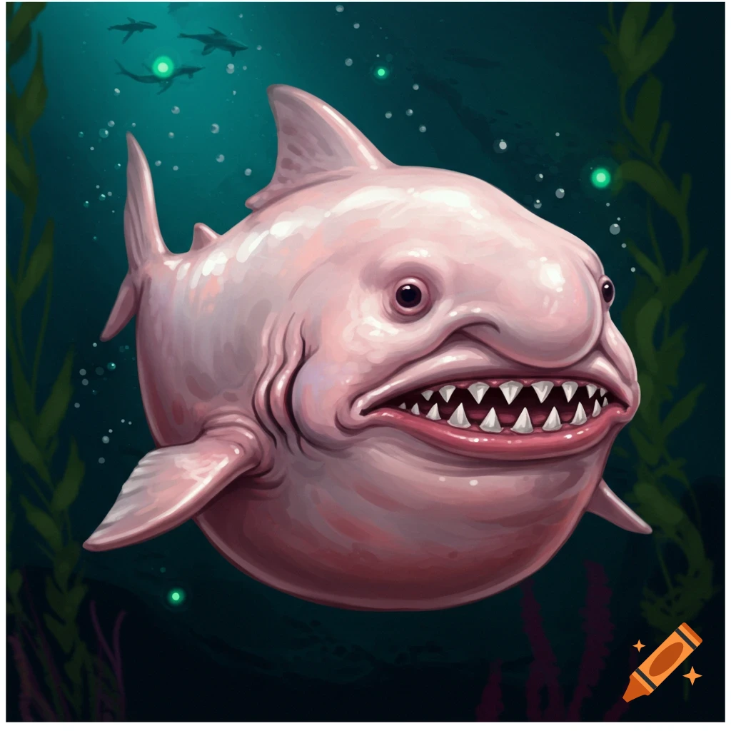 A pink blobfish-shark hybrid underwater