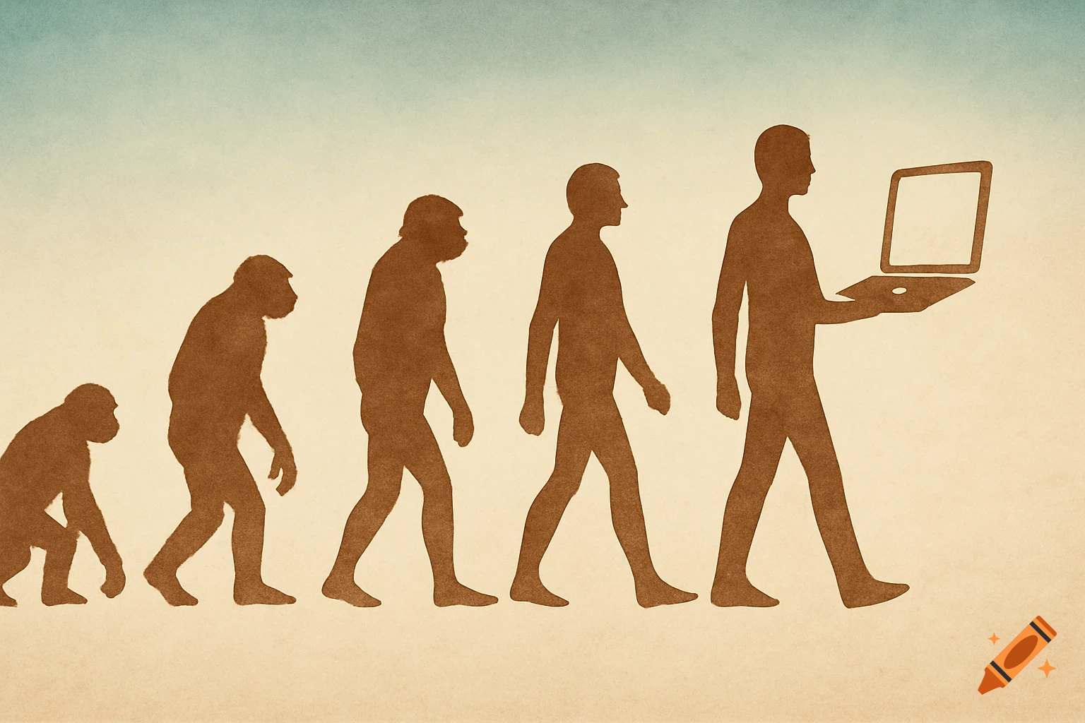 Illustration of human evolution timeline ending with a person holding a laptop against a textured background.