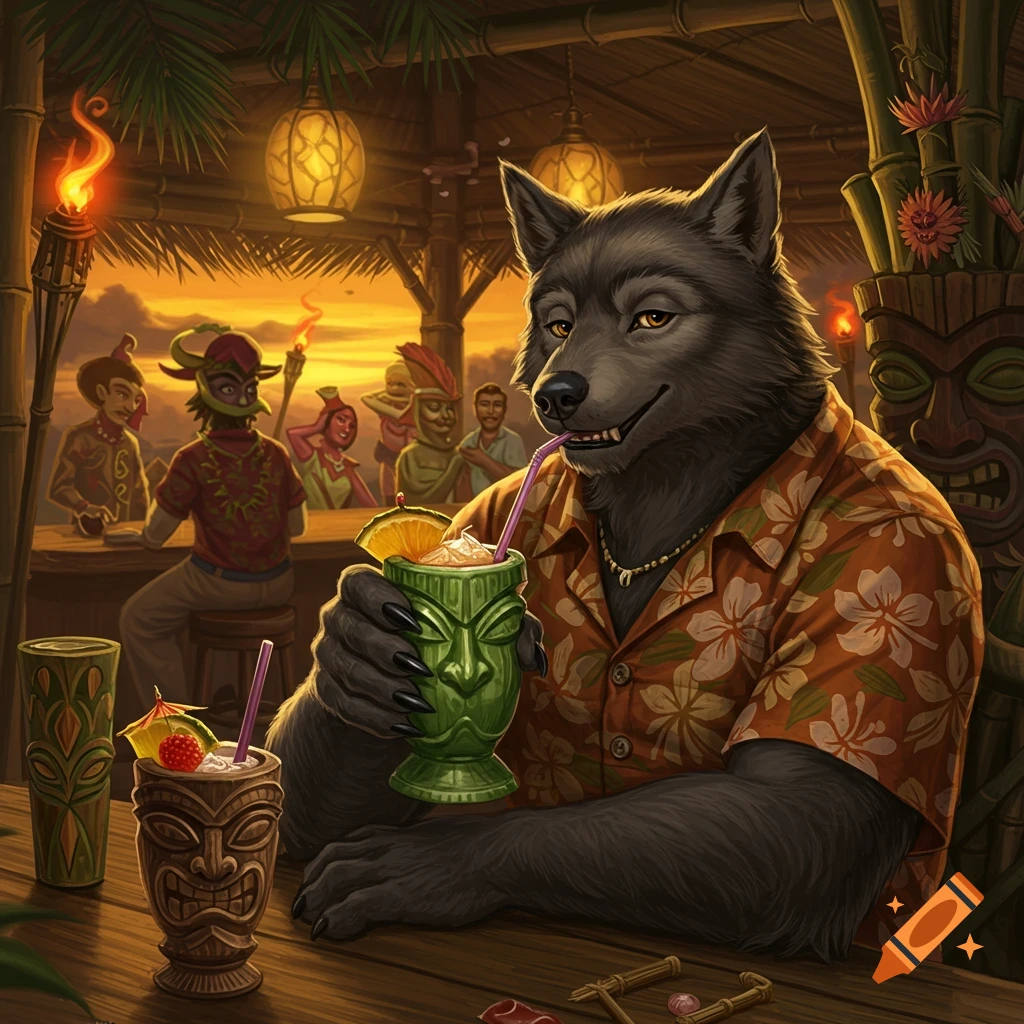 A werewolf wearing a Hawaiian shirt sips a cocktail at a tiki bar.