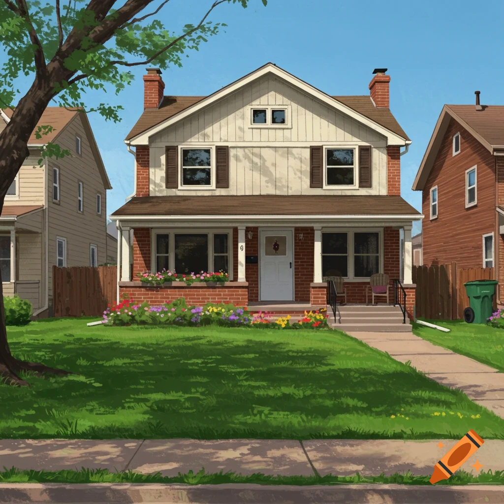 A suburban house with a green lawn and colorful flowers on a sunny day.