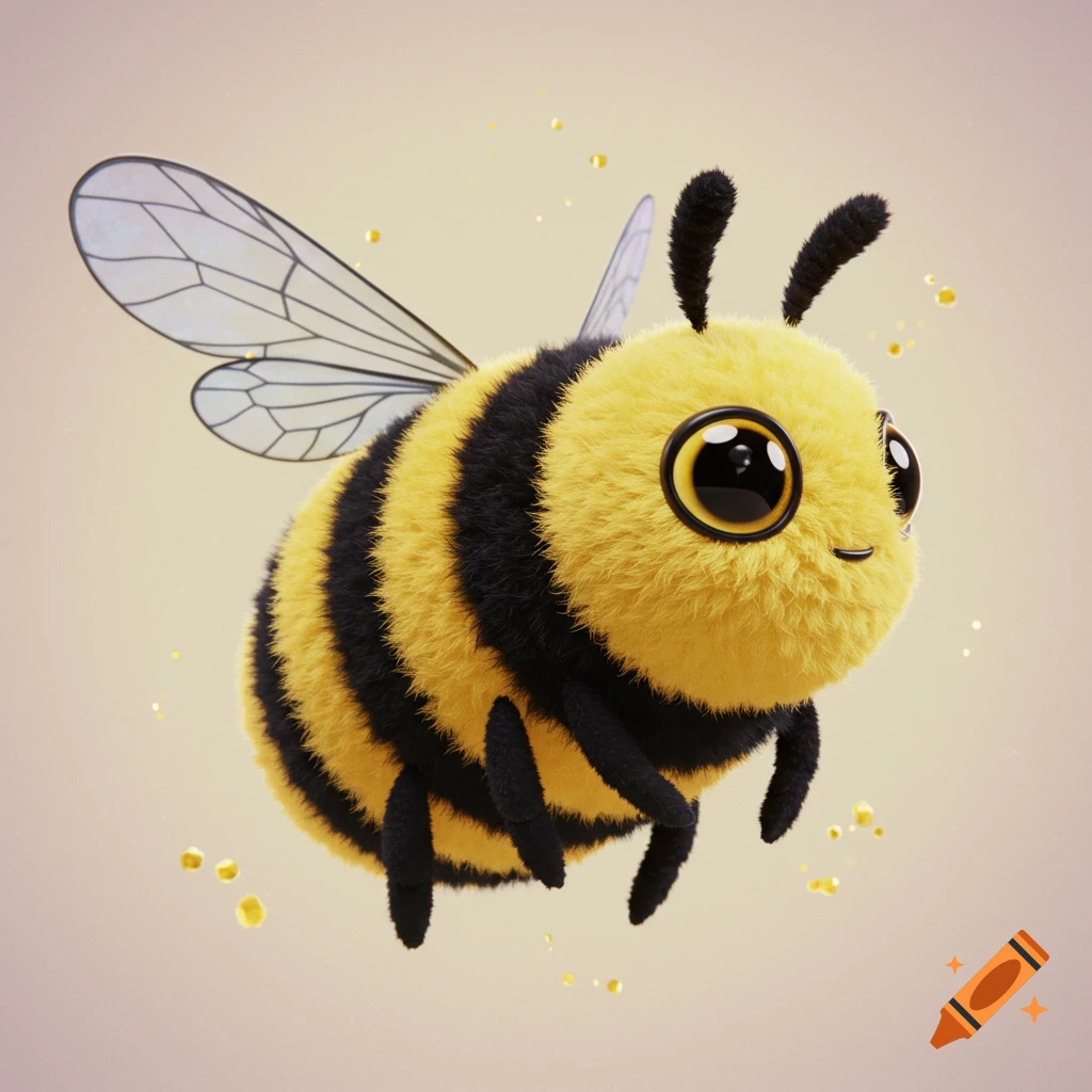 A fuzzy cartoon bee flies.