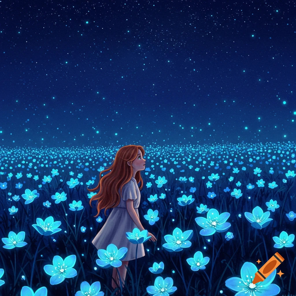 A girl stands in a field of blue glowing flowers under a starry night sky.