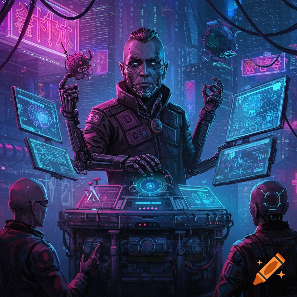 A person with robotic arms and glowing eyes operates screens in a neon-lit cyberpunk city, with other figures observing.