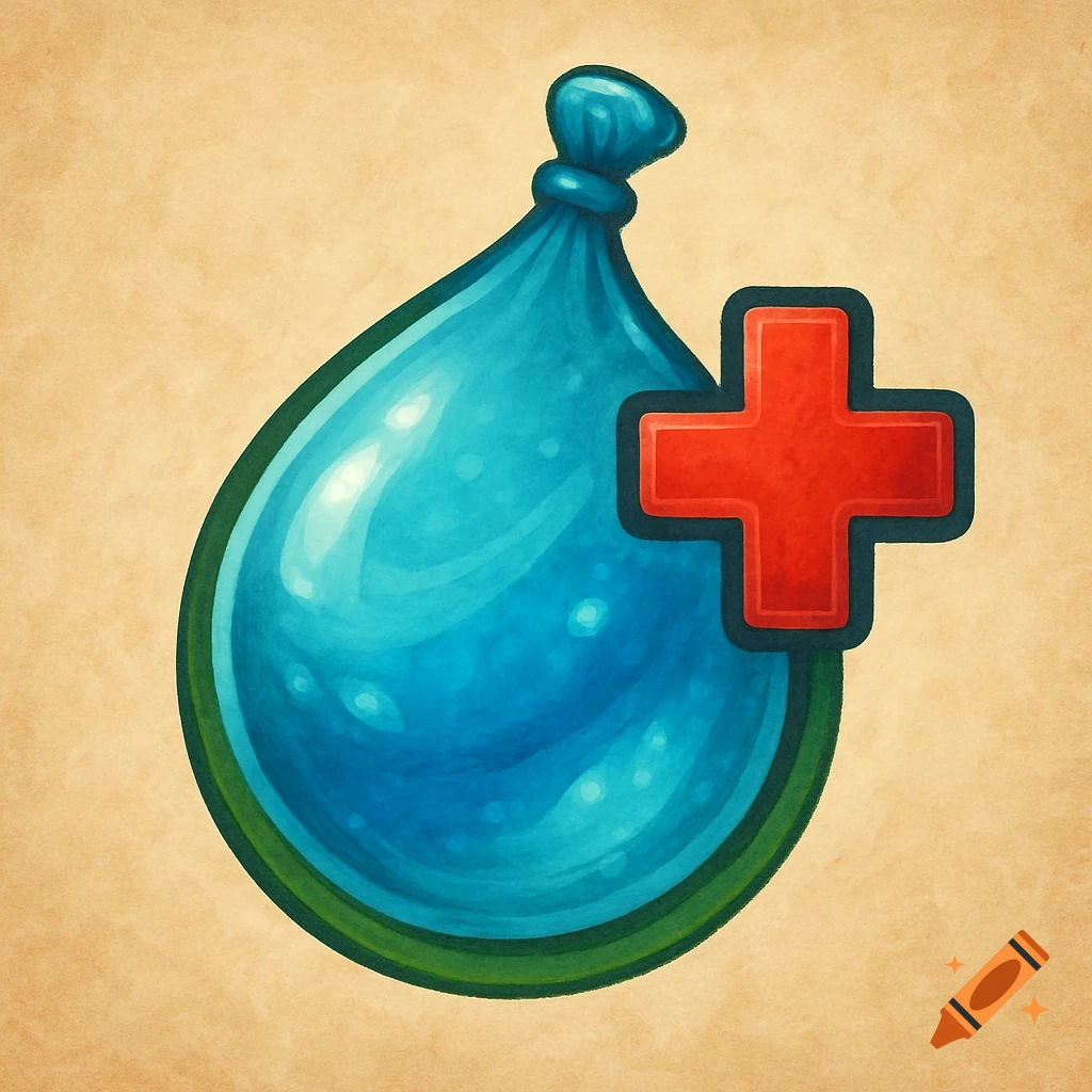 A blue water balloon sits next to a red cross symbol on a textured background.