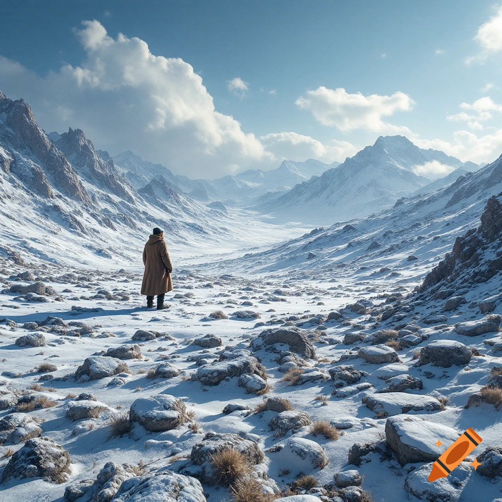 A person in a long coat stands in a vast, snowy mountain valley under a cloudy blue sky.
