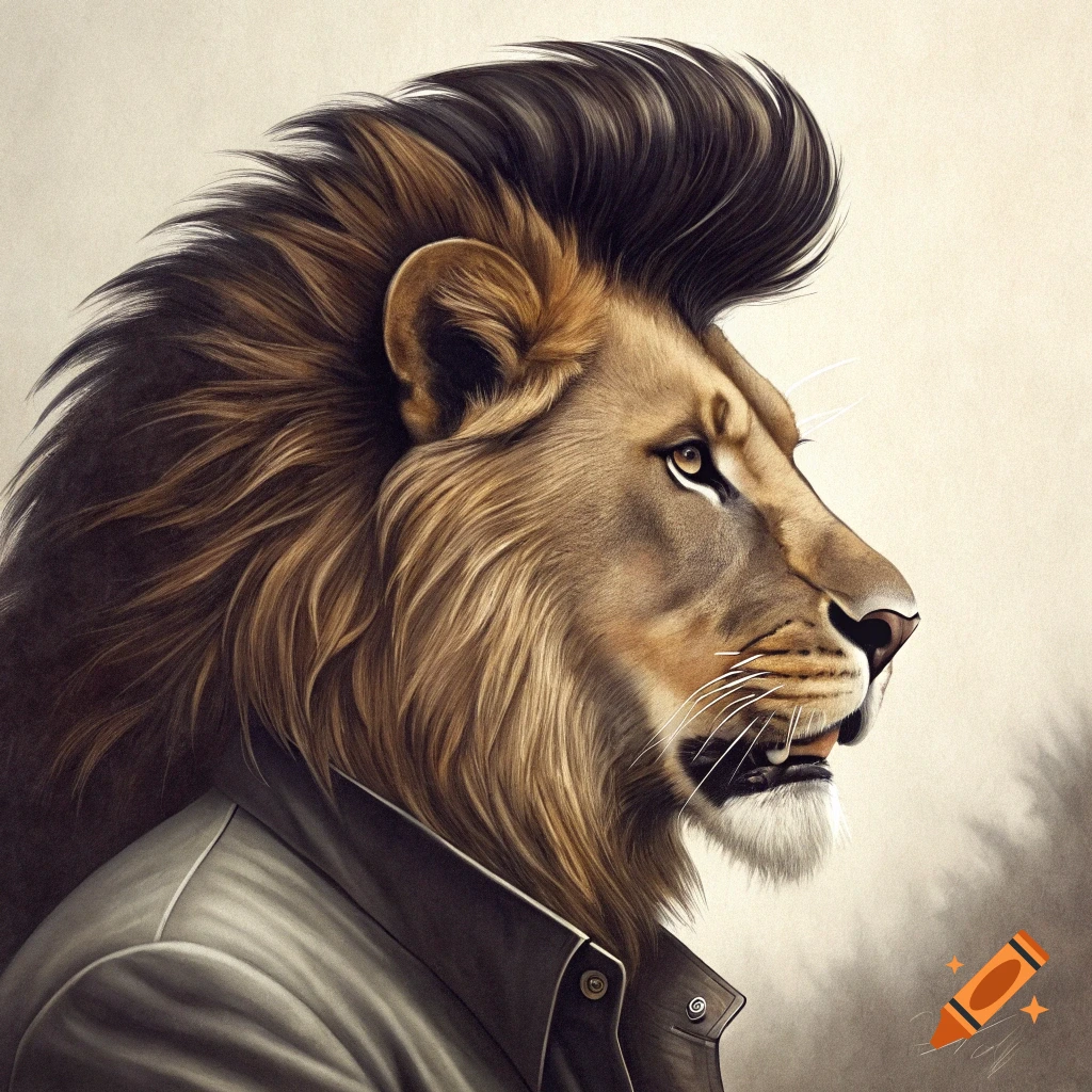 Stylized profile portrait of a lion with a pompadour hairstyle wearing a jacket.
