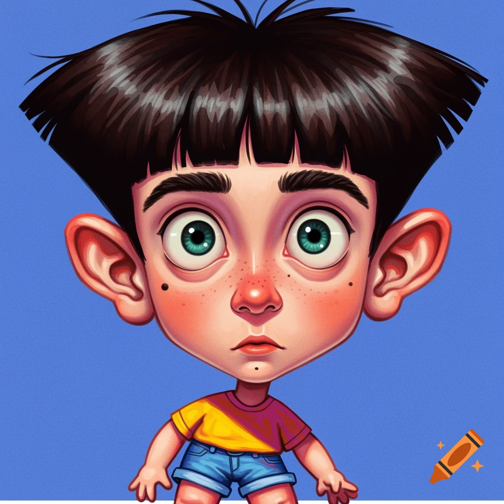 Caricature of a young boy with big eyes and ears.