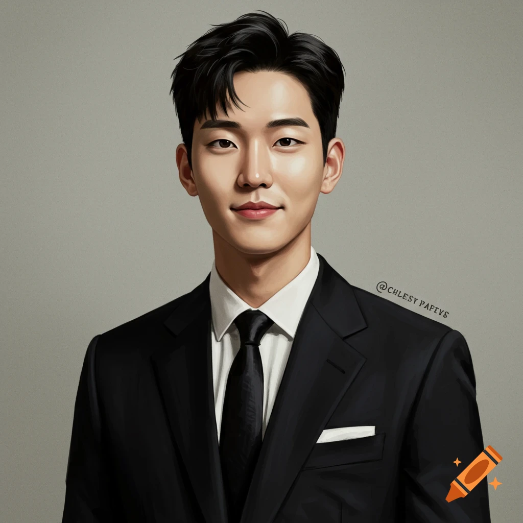 Portrait of a young Korean man in a black suit.