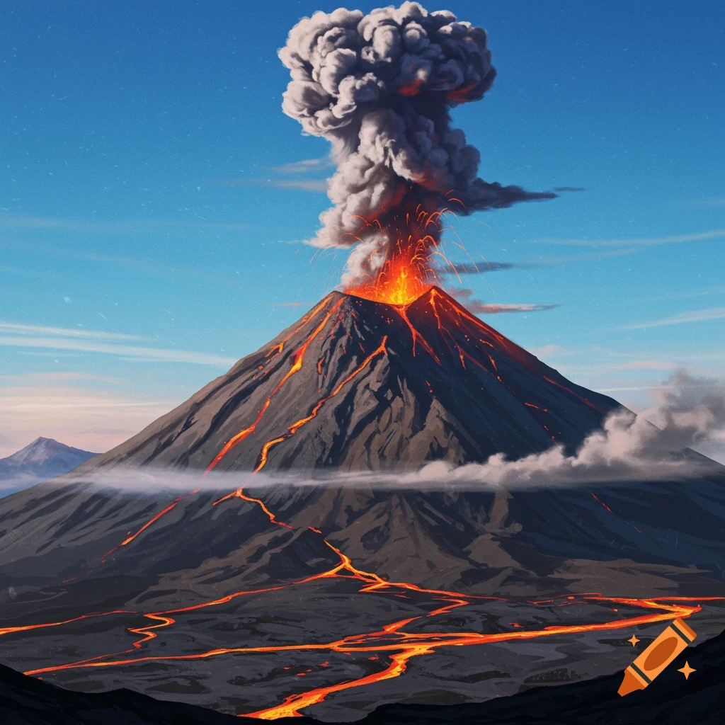 An erupting volcano with lava flows and a smoke plume.