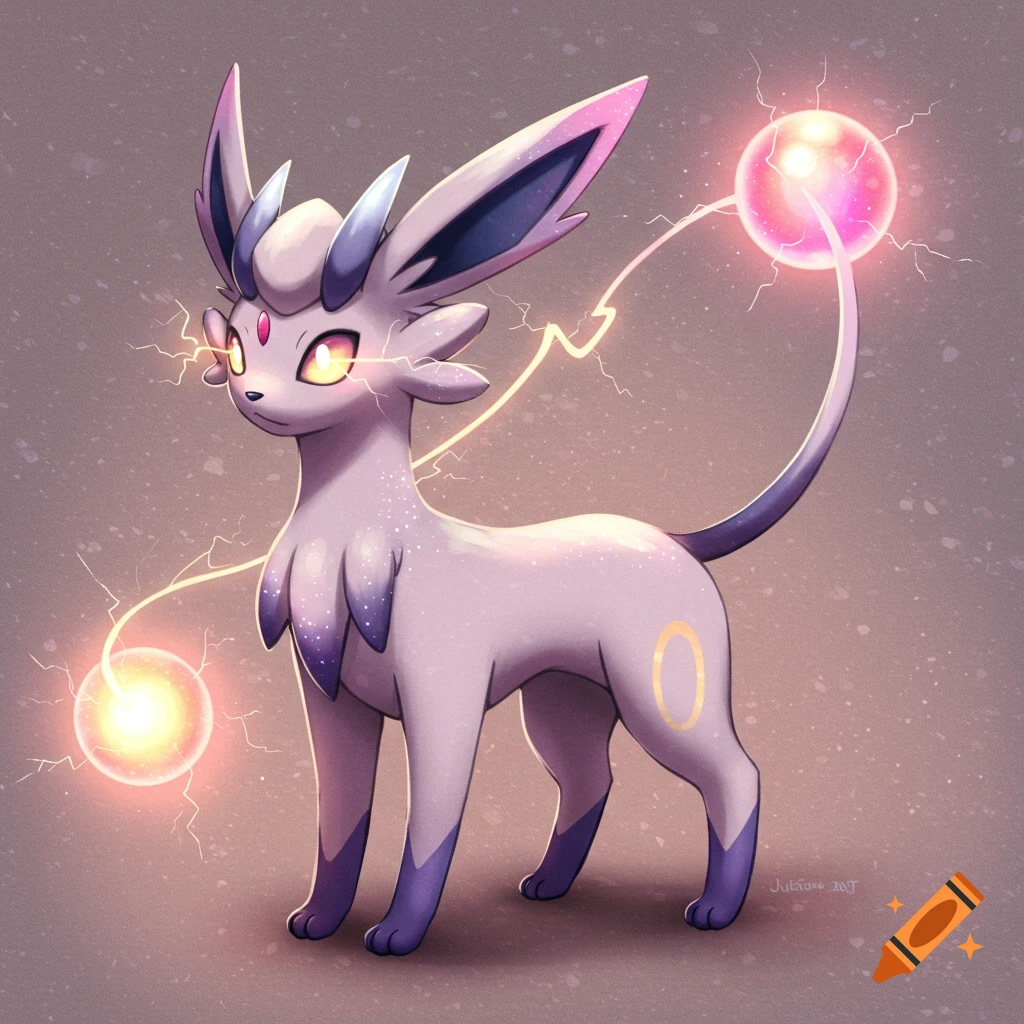 A purple and white fantasy creature similar to a Pokemon, with electric energy connecting glowing orbs.