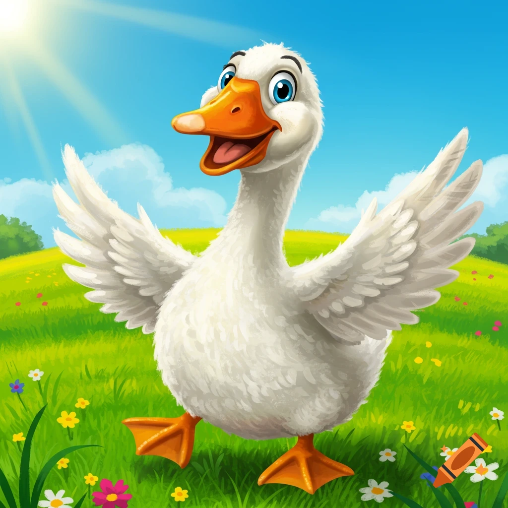 Happy cartoon goose with wings open stands in a sunny field of flowers.