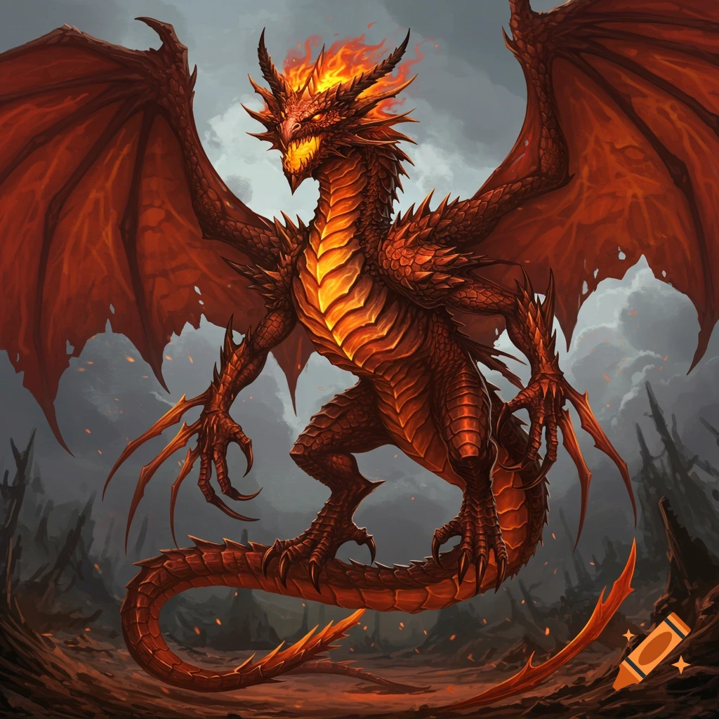A fiery red dragon with large wings stands on cracked earth under a cloudy sky.