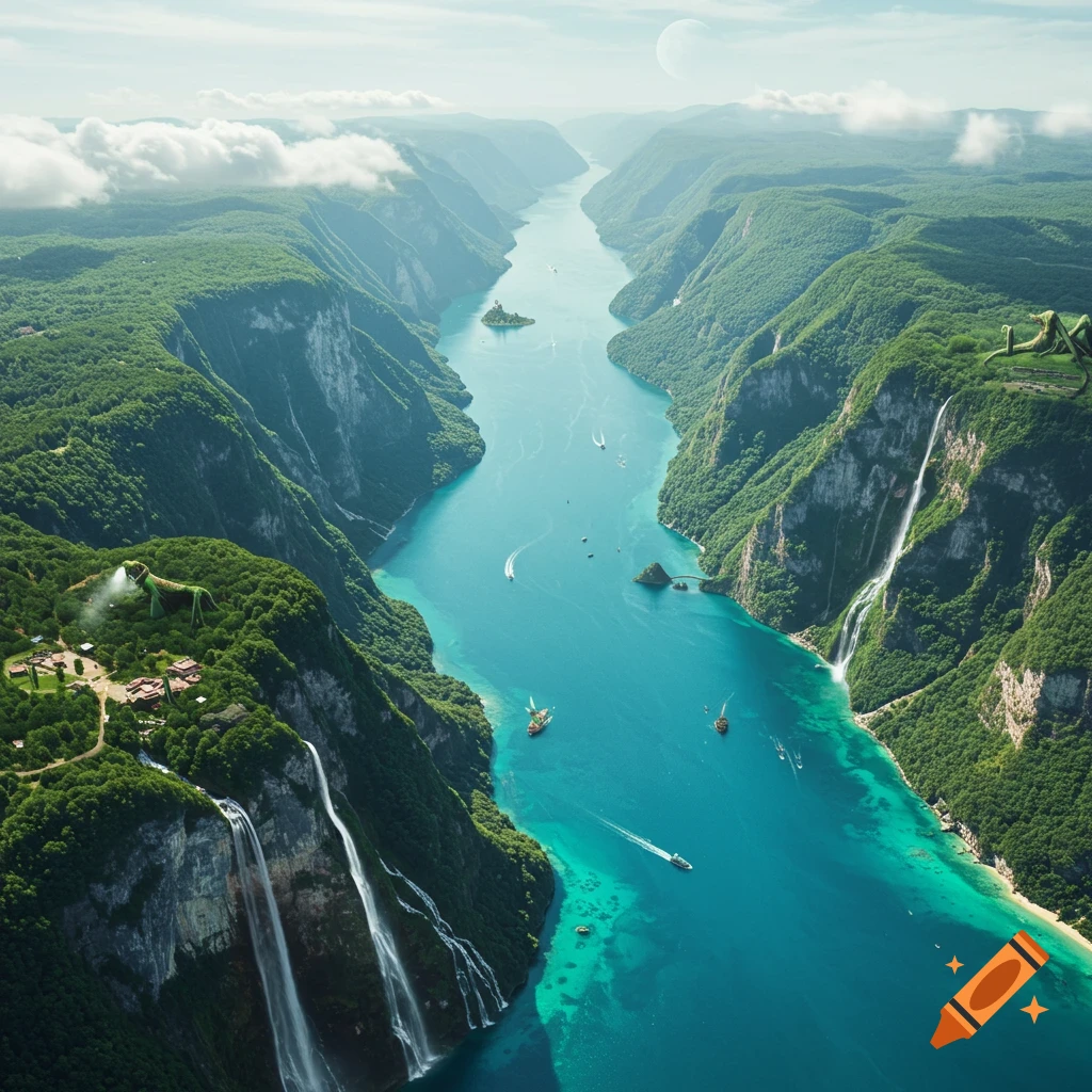 Aerial view of a fantasy fjord river valley with steep mountains, waterfalls, boats, and large green creatures.