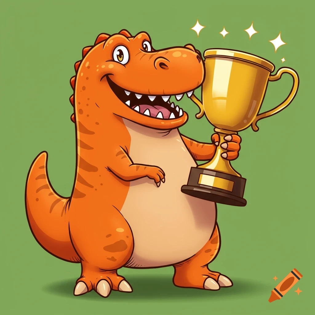 Cartoon orange T-Rex holding a golden trophy and smiling.