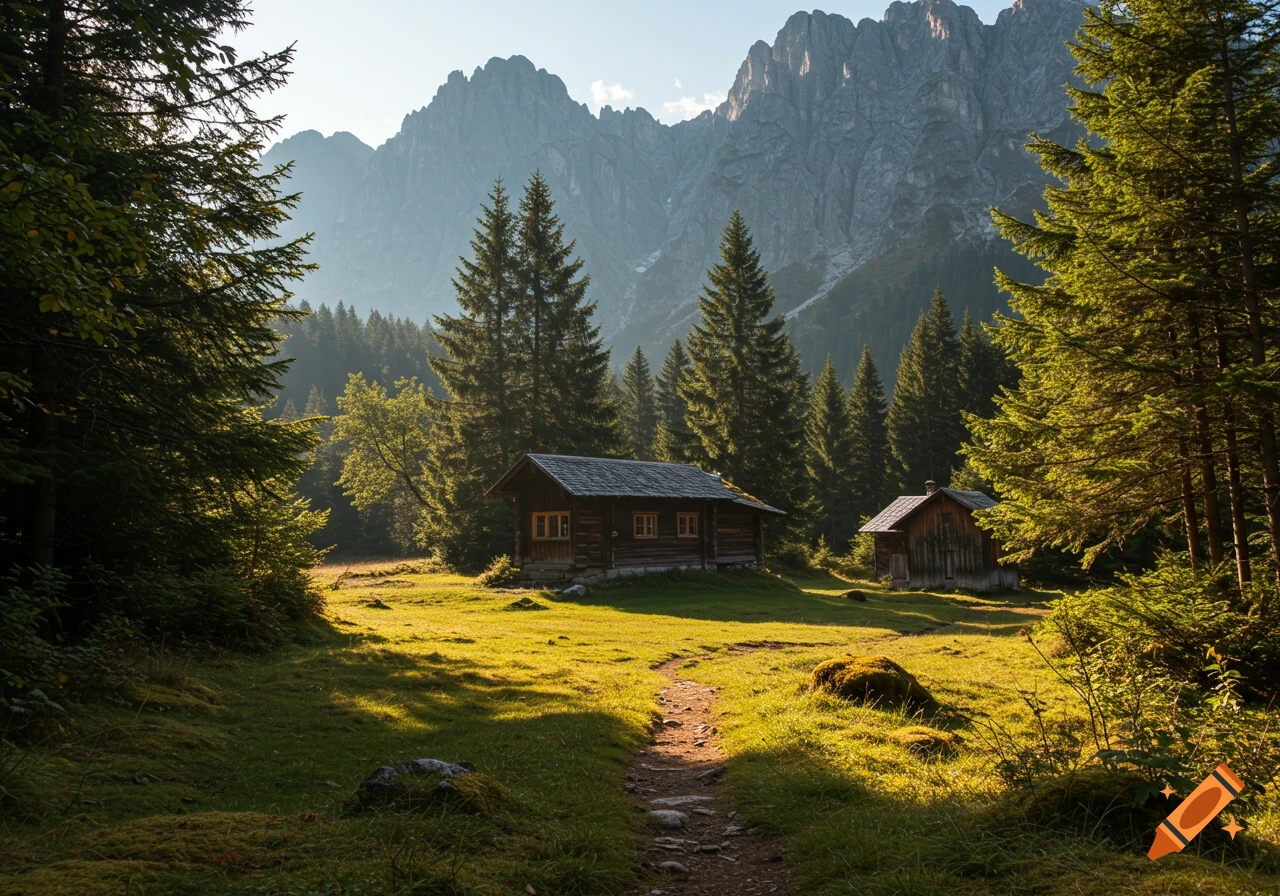 Two wooden cabins in a grassy meadow with trees and mountains in the background, bathed in warm light.