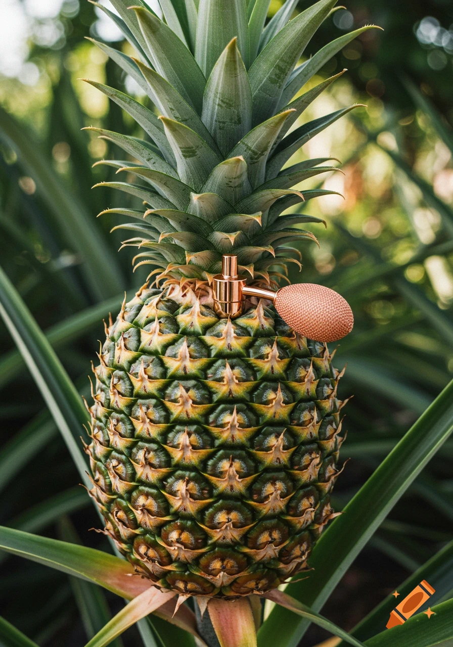 A pineapple with a perfume atomizer attached to its side, surrounded by green leaves.