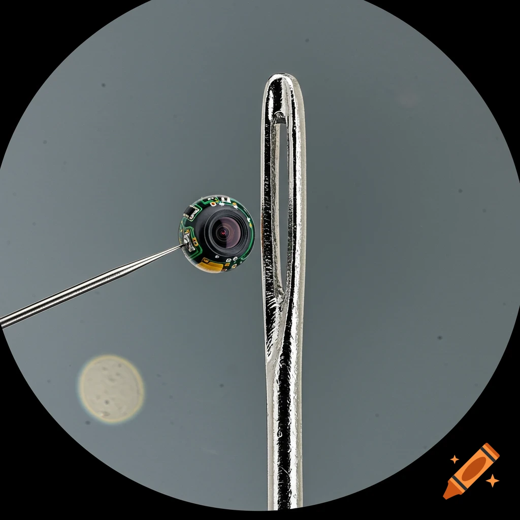 A microscopic view of a tiny spherical camera on a probe next to the eye of a needle.