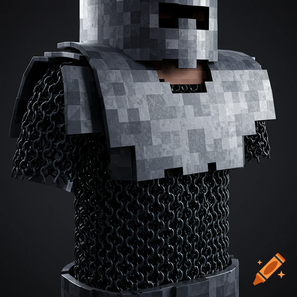 Detailed close-up of blocky grey armor and chainmail in a Minecraft style